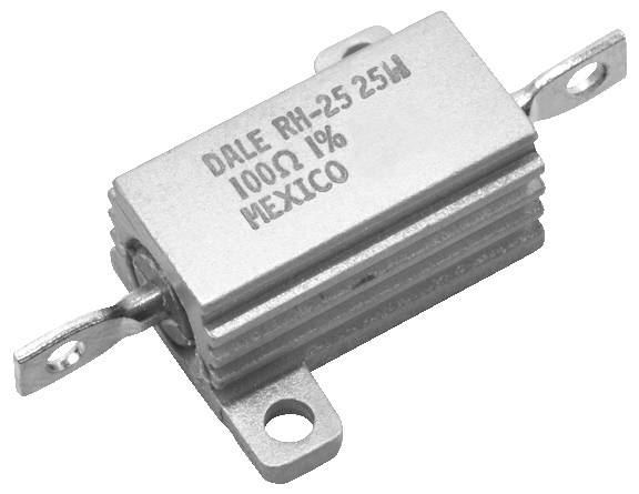 Een metalen rechthoekige weerstand gelabeld als 'DALE RH-25 25W 100Ω 1% MEXICO' met bevestigingstabs aan beide uiteinden.