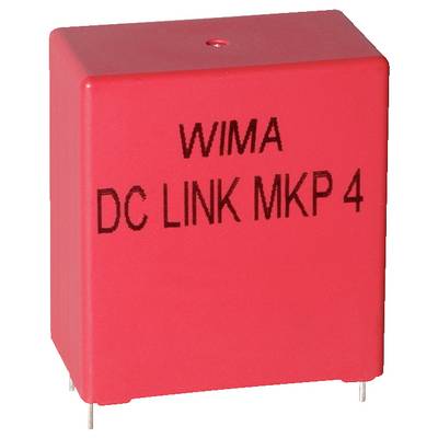 Een rode rechthoekige elektronische component gelabeld 'WIMA DC LINK MKP 4' met metalen aansluitingen voor montage op een printplaat.
