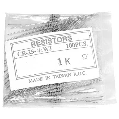 Een pak van 100 weerstanden, gelabeld 'CR-25-1/4WJ 1K Ω', gemaakt in Taiwan. De weerstanden zijn dun en metaalachtig, samen gebundeld in een plastic zak.