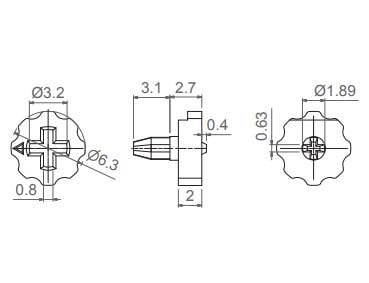 Technisch diagram van een mechanisch onderdeel met verschillende dimensies en metingen aangegeven, inclusief diameters en lengtes.