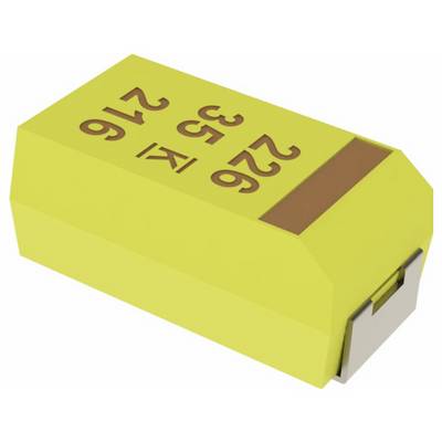 Een geel elektronisch component, waarschijnlijk een condensator, met bruine markeringen: '226' en '16 | YJ', voorzien van metalen contactpunten aan één uiteinde.