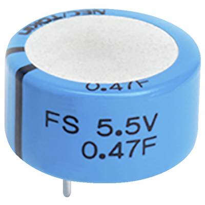 Een blauwe cilindrische condensator gelabeld 'FS 5.5V 0.47F' met twee metalen aansluitdraden die uit de onderkant steken.