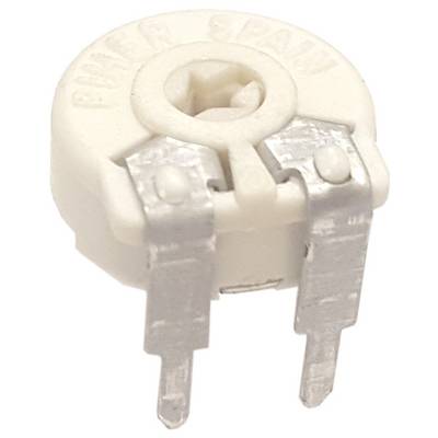 Een kleine, ronde witte trimmer potentiometer met metalen aansluitingen, gebruikt voor het aanpassen van weerstand in elektronische schakelingen.