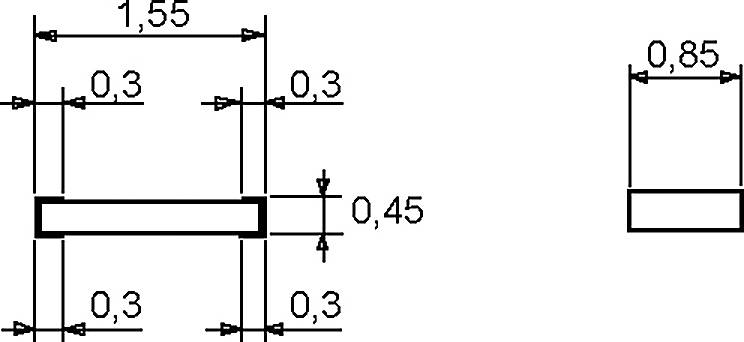 'Technische tekening van twee rechthoekige staven: linker staaf is 1,55 eenheden breed, 0,45 eenheden hoog; rechter staaf is 0,85 eenheden breed, afmetingen zijn aangegeven.'