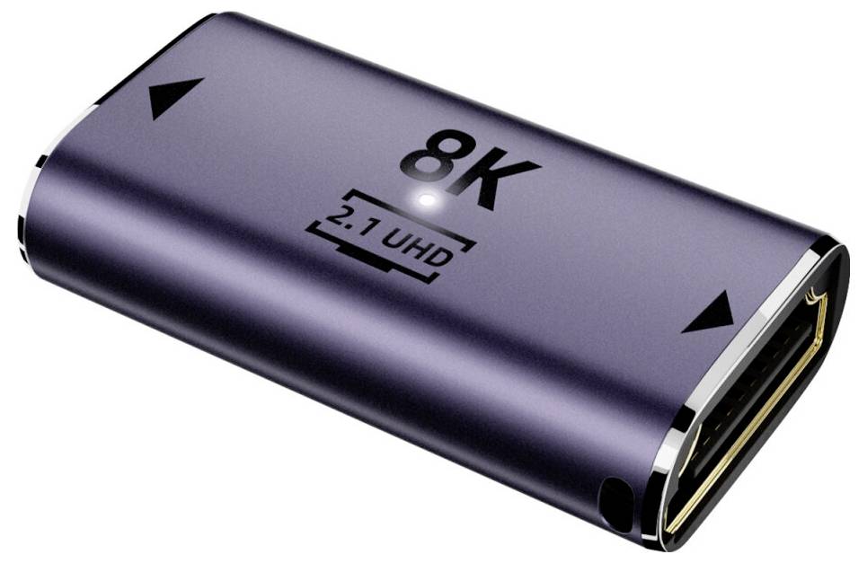 Een metalen adapter met het label '8K 2.1 UHD' met HDMI-poorten, die ondersteuning toont voor high-definition videoresoluties.
