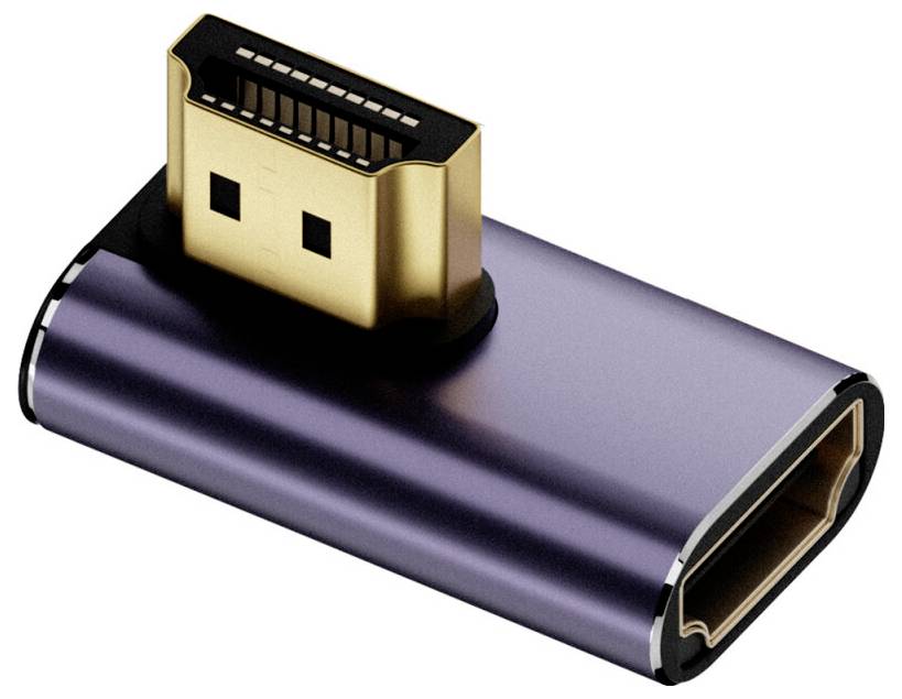 Een kleine, metalen HDMI-adapter met een mannelijke connector aan de ene kant en een vrouwelijke poort aan de andere kant, gebruikt voor het aansluiten van HDMI-kabels.