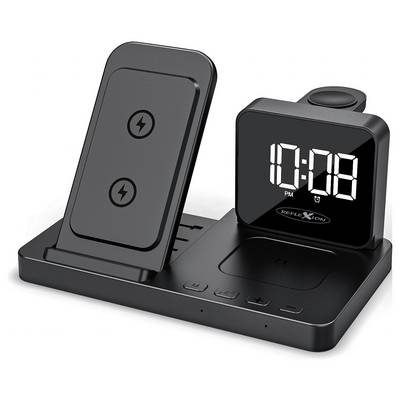 'Zwart draadloos oplaadstation met digitale klokweergave die 22:08 uur aantoont; ontworpen voor telefoons en smartwatches.'