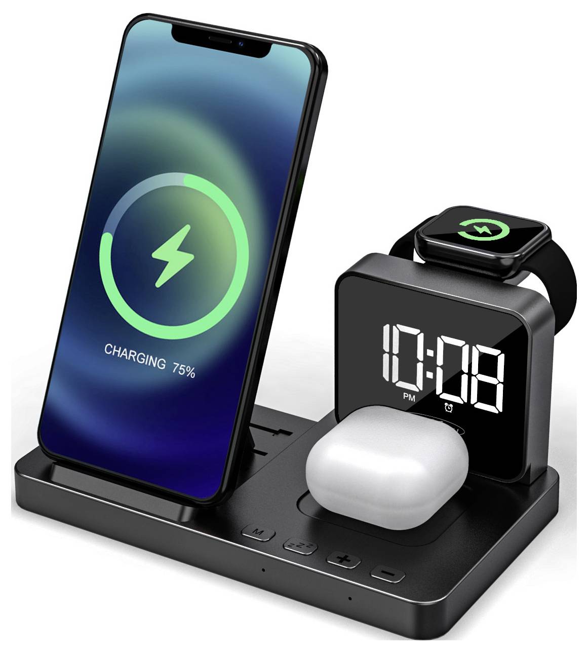 Een multi-apparaat oplaadstandaard houdt een smartphone vast die voor 75% is opgeladen, een smartwatch en draadloze oordopjes, die allemaal gelijktijdig worden opgeladen.