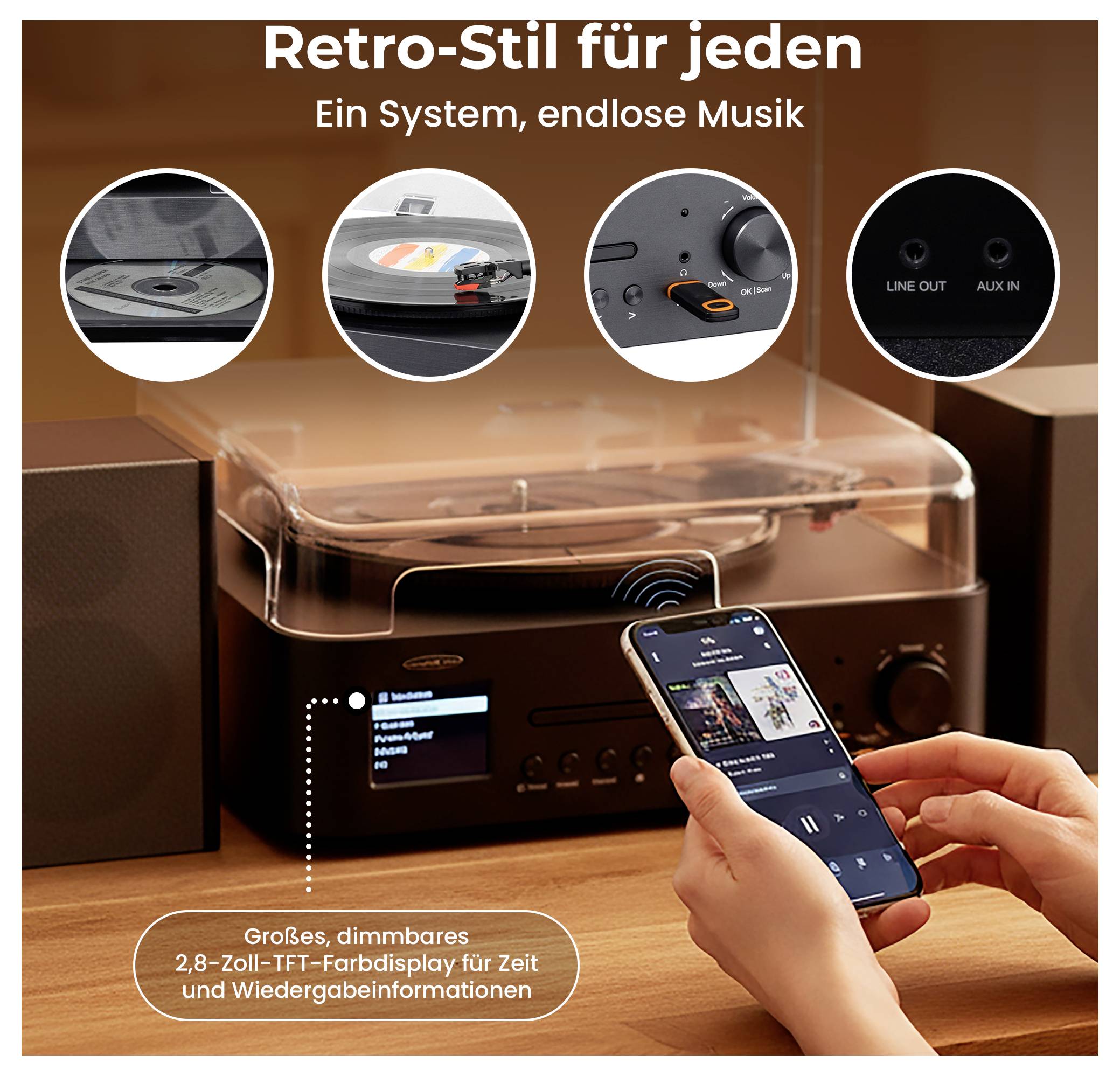 Retro-HiFi-systeem met platenspeler, radio en cd; smartphone bestuurt draadloos muziek. Tekst: 'Retrostijl voor iedereen', 'Eén systeem, eindeloze muziek', 2,8-inch-TFT-display.