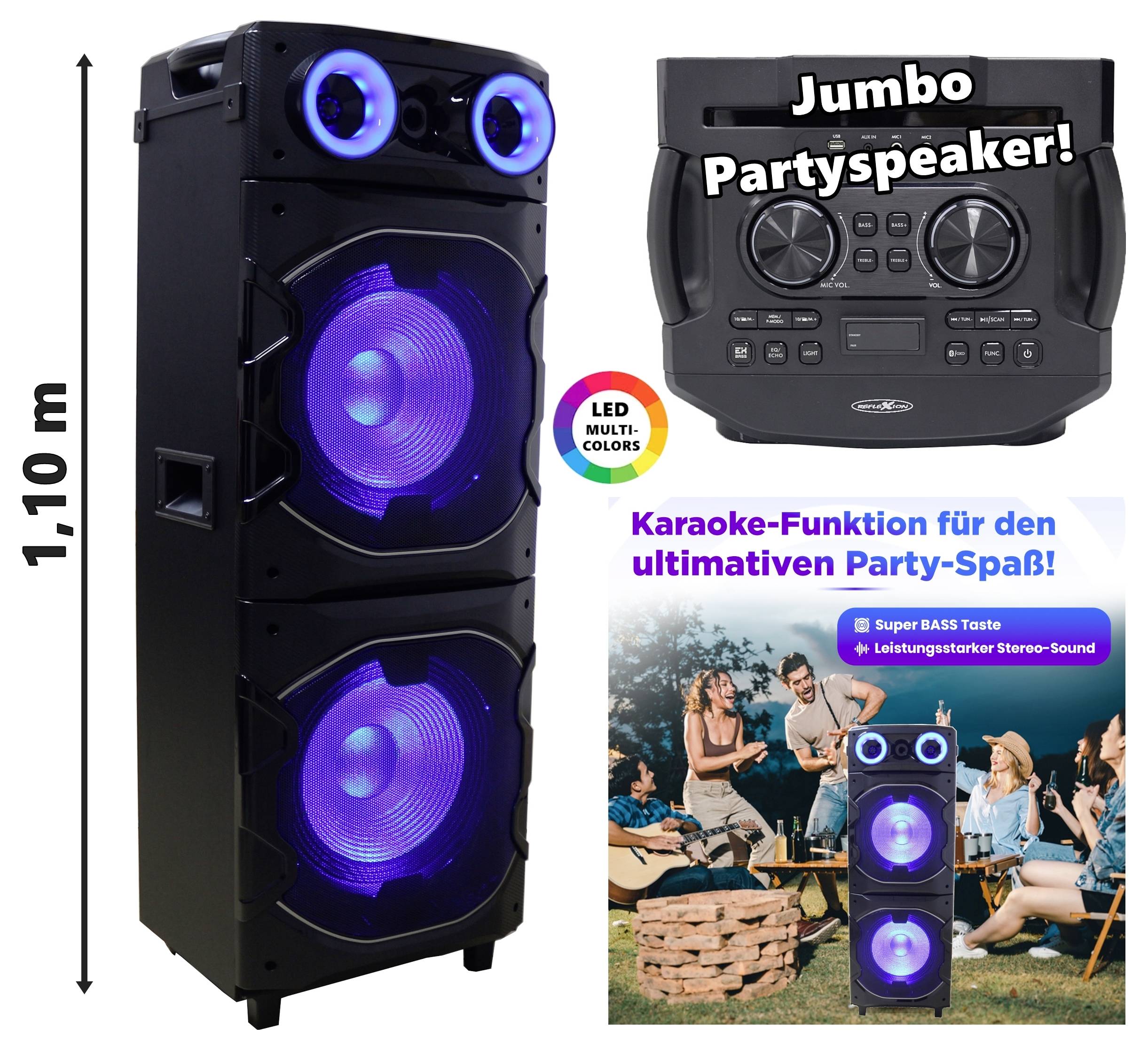 Een grote "Jumbo Partyspeaker" met oplichtende verlichting, 1,10m hoog. Kenmerken: LED multi-color, karaoke-functie, super bass en krachtig stereogeluid.