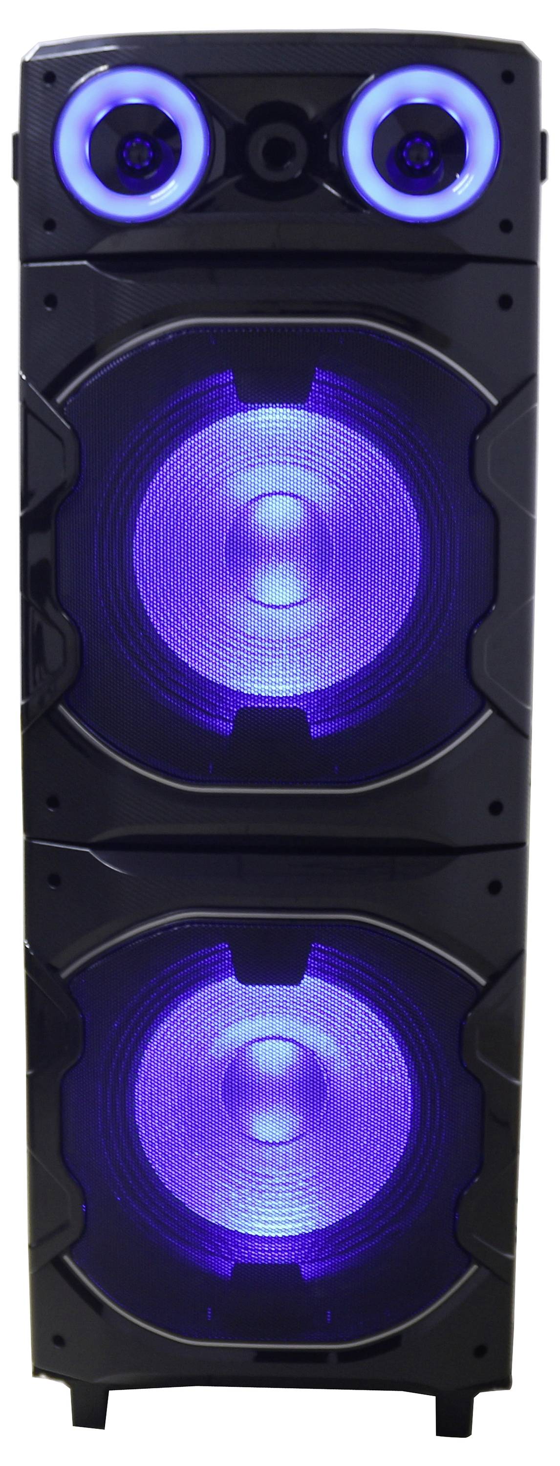 Een zwart speakersysteem met twee grote, blauw oplichtende woofers en twee kleinere, blauw verlichte tweeters bovenaan.