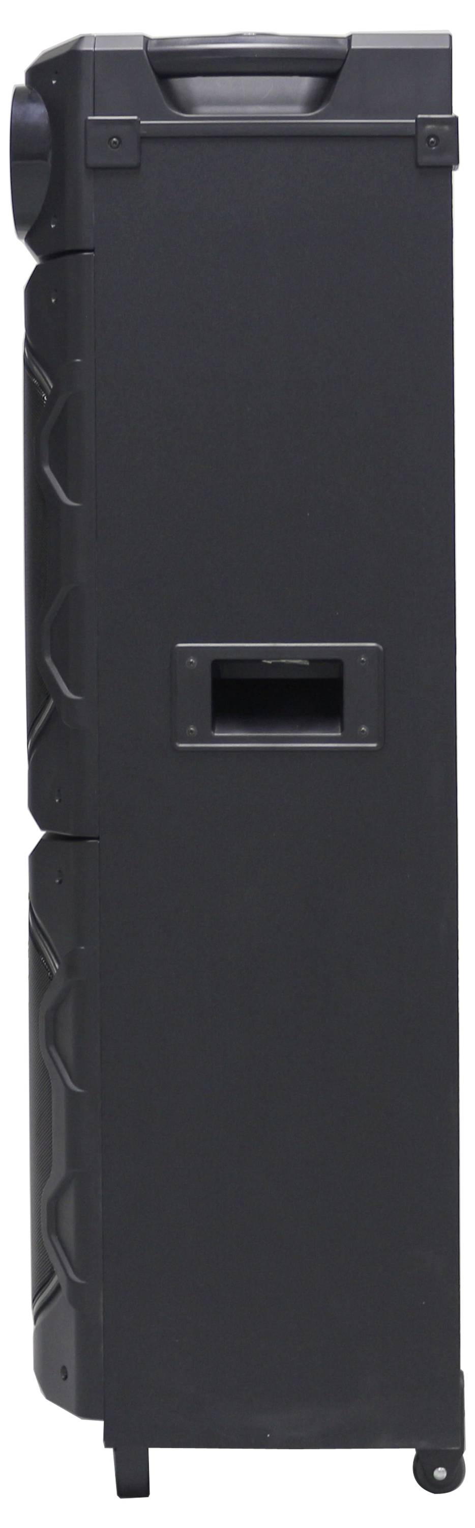 Een hoge, zwarte beschermende koffer met een handgreep en wielen, ontworpen voor het veilig transporteren van lange voorwerpen.