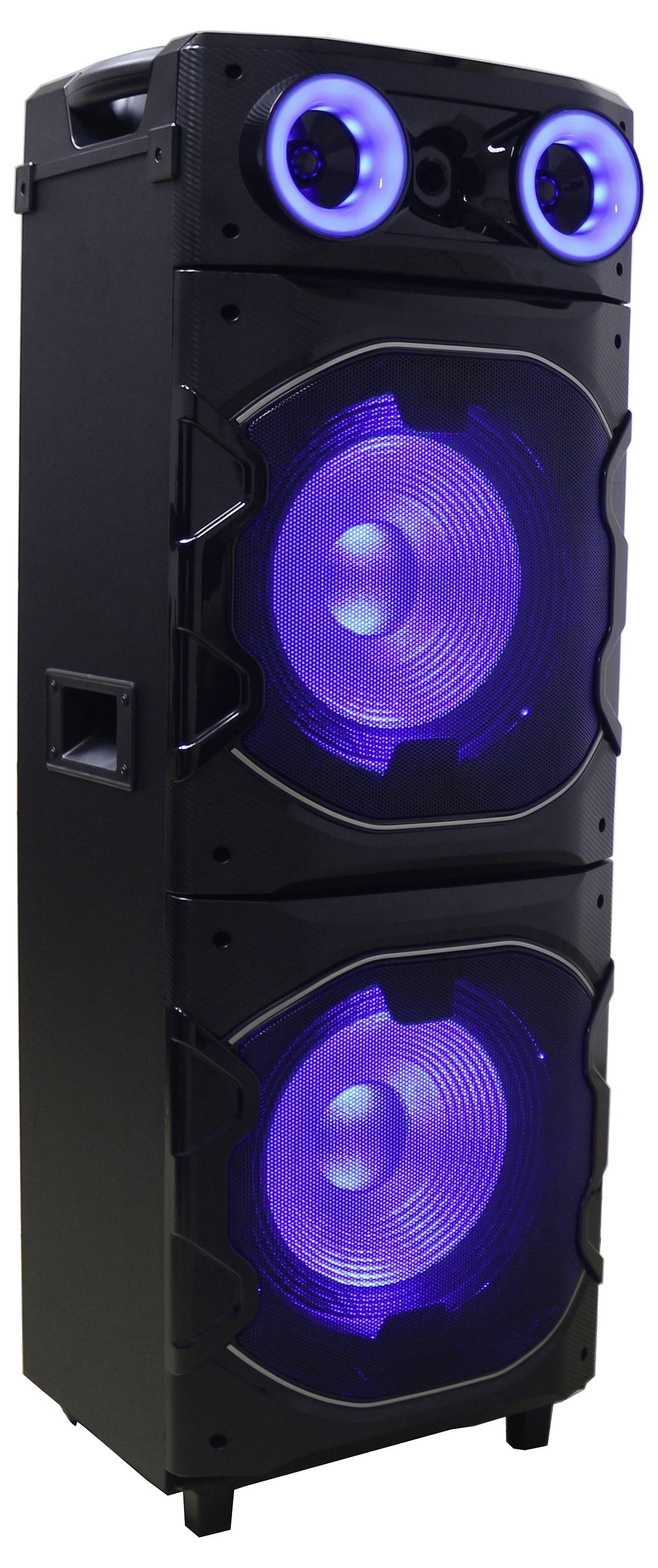 Een hoge zwarte luidspreker met twee grote paars verlichte woofers en twee kleinere blauw verlichte speakers bovenop, ontworpen voor krachtige audio-output.