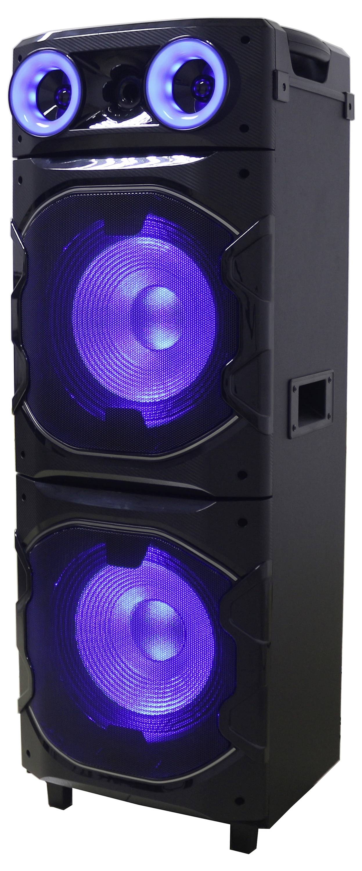 Een hoge zwarte luidspreker met twee grote paars verlichte woofers en twee kleinere blauw verlichte ringen aan de bovenkant, voorzien van zijhandgrepen.