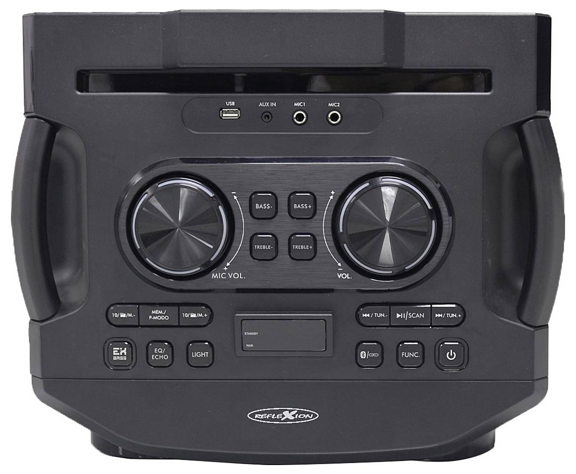 Een zwarte draagbare geluidsinstallatie met twee grote volumeknoppen, meerdere drukknoppen, USB- en microfooningangen op het voorpaneel.