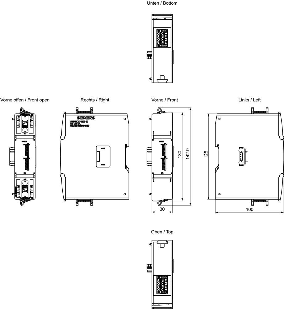 Technische tekening van een elektronisch apparaat met gelabelde aanzichten: vooraanzicht open, rechts, voorkant, links, onderkant en bovenkant. Afmetingen zijn weergegeven.