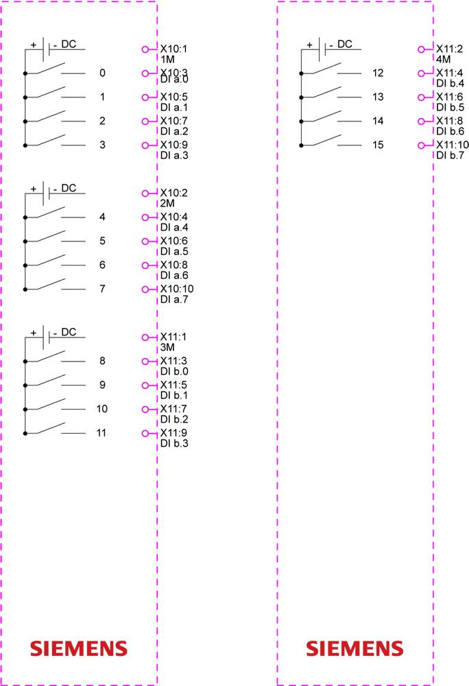 'Elektrische aansluitingstekening met twee gelijkstroomcircuits, links met 11 aansluitingen gemerkt X10.1 tot X10.11, rechts met 8 aansluitingen gemerkt X11.2 tot X11.14.'