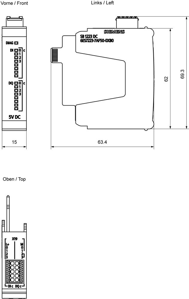 'Diagram van SB 1223 DC-module van SIEMENS met afmetingen: 15 mm breedte, 63,4 mm diepte, 69,3 mm hoogte. Ingangen gelabeld als DAQ1 tot DAQ4.'