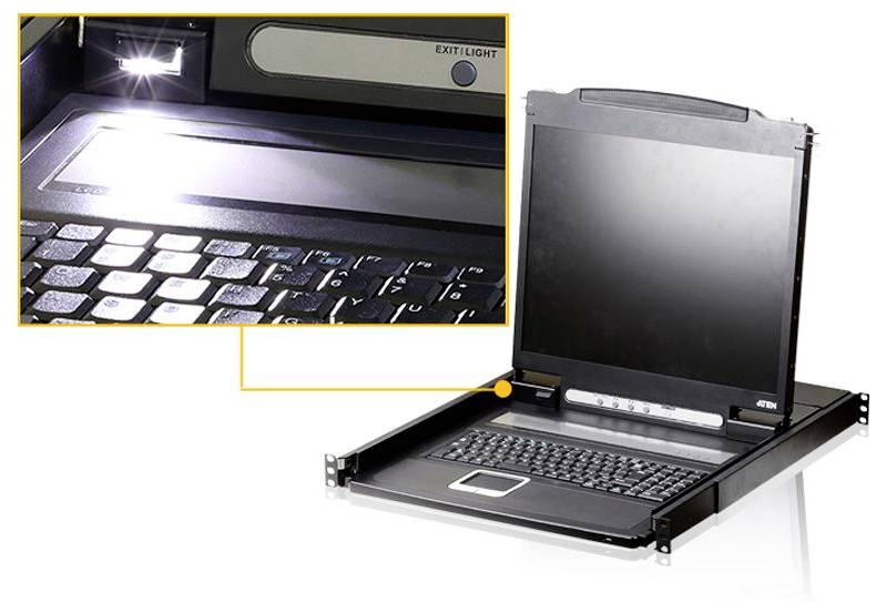 Een laptop geïntegreerd in een rack-gemonteerde console met een close-up van het verlichte toetsenbordgedeelte, waarbij de 'exit light'-knop wordt geaccentueerd.