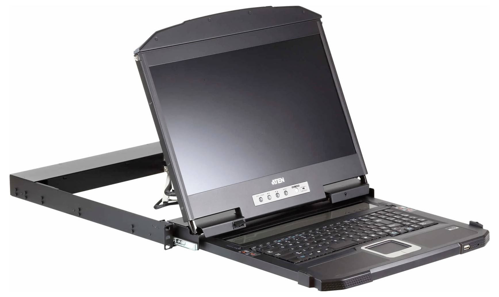 Een draagbare rackbevestigde LCD-console met een toetsenbord, touchpad en een opklapbaar beeldscherm, ontworpen voor gestroomlijnde datacenterbeheer.