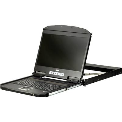 Aten-rackconsoleset met een zwart toetsenbord en een opengevouwen beeldscherm, ontworpen voor integratie in serverracks.