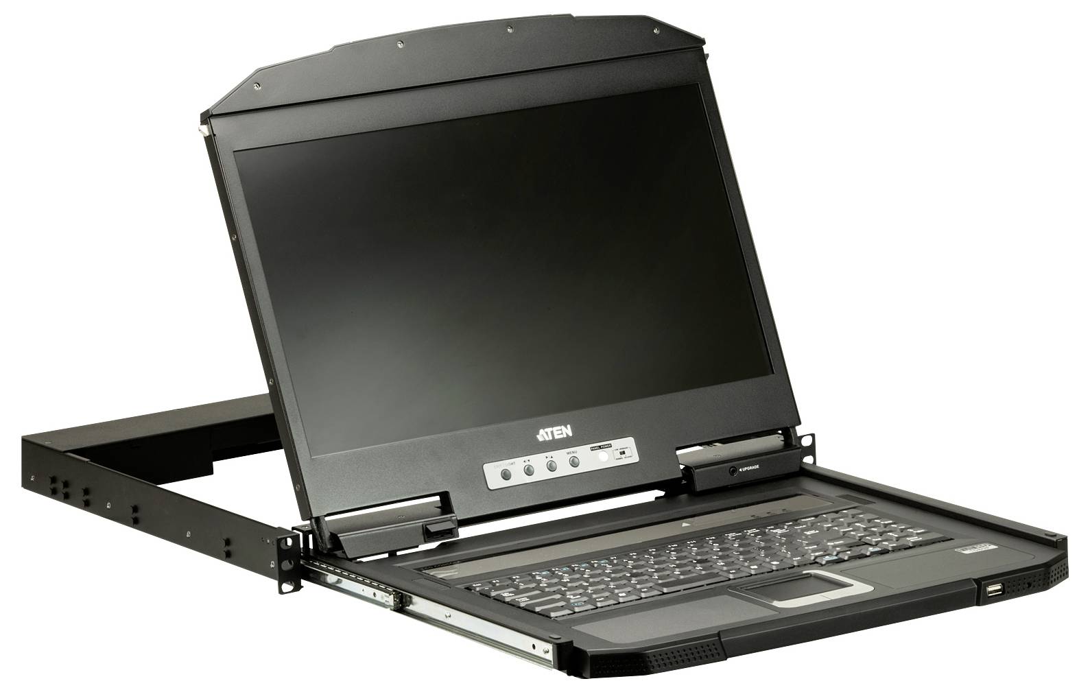 Een laptoprekenconsole met een open display en toetsenbord, gebruikt voor het beheren van serverapparatuur in datacenters.