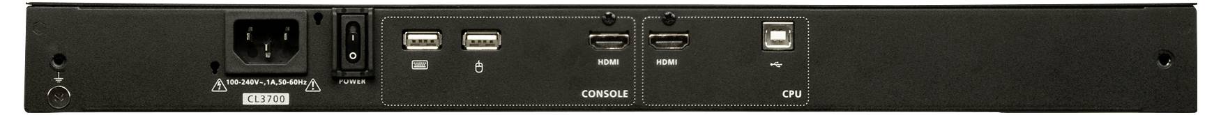 Een zwart elektronisch apparaat met stroomaansluitingen, USB-poorten, console- en CPU-interfaces op zijn achterpaneel.
