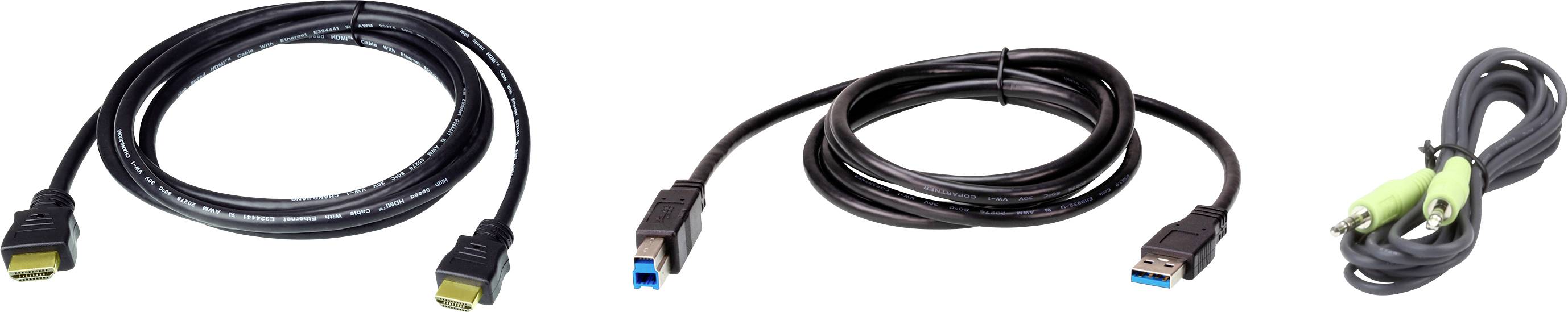 'Afbeelding van drie soorten kabels: HDMI-kabel, USB 3.0-kabel en audiokabel met groene aansluitingen, elk afzonderlijk opgerold.'