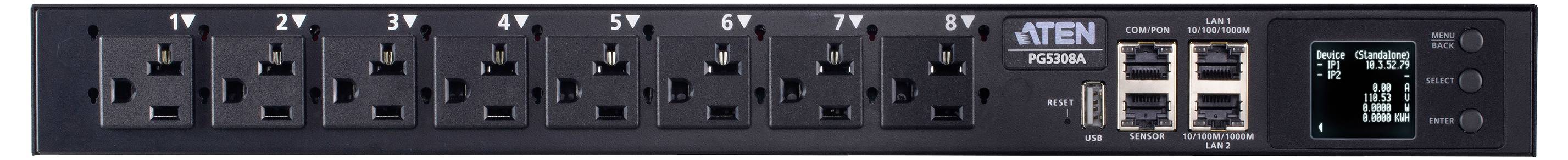 Een zwarte ATEN PDU-voedingsdistributie-eenheid met meerdere stopcontacten en een klein displayscherm dat informatie over het stroomverbruik toont.