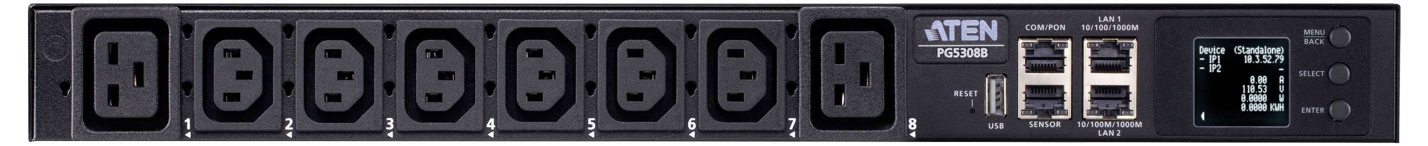 Een rack-gemonteerde stroomverdelingseenheid met acht uitgangen en een LCD-display dat vermogensmetingen weergeeft. Merklogo en modelnaam zichtbaar.