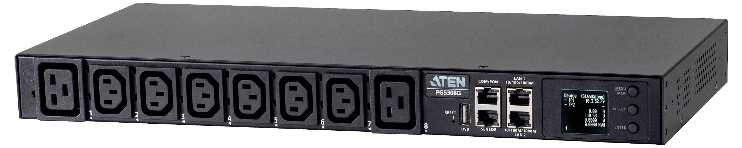 Een rack-gemonteerde vermogensdistributie-eenheid met acht aansluitpunten, een digitaal display, netwerkaansluitingen en het label 'ATEN PE8108' op de voorkant.