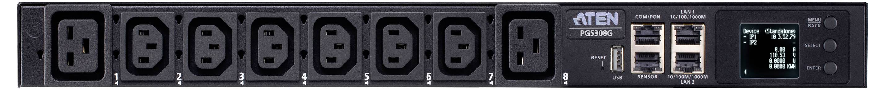 'ATE N PE8108G' stroomverdelingseenheid met acht uitgangen, ethernetpoorten en een digitaal display dat de stroomstatus en instellingen weergeeft.