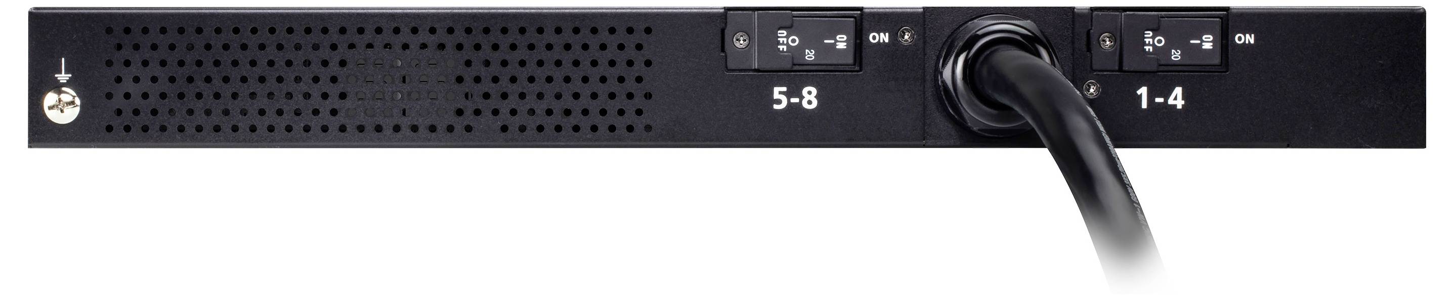 Een close-up afbeelding van een zwarte stroomverdeeleenheid, waarbij de gelabelde schakelaars '5-8' en '1-4' zijn voorzien van aangesloten stroomsnoeren.