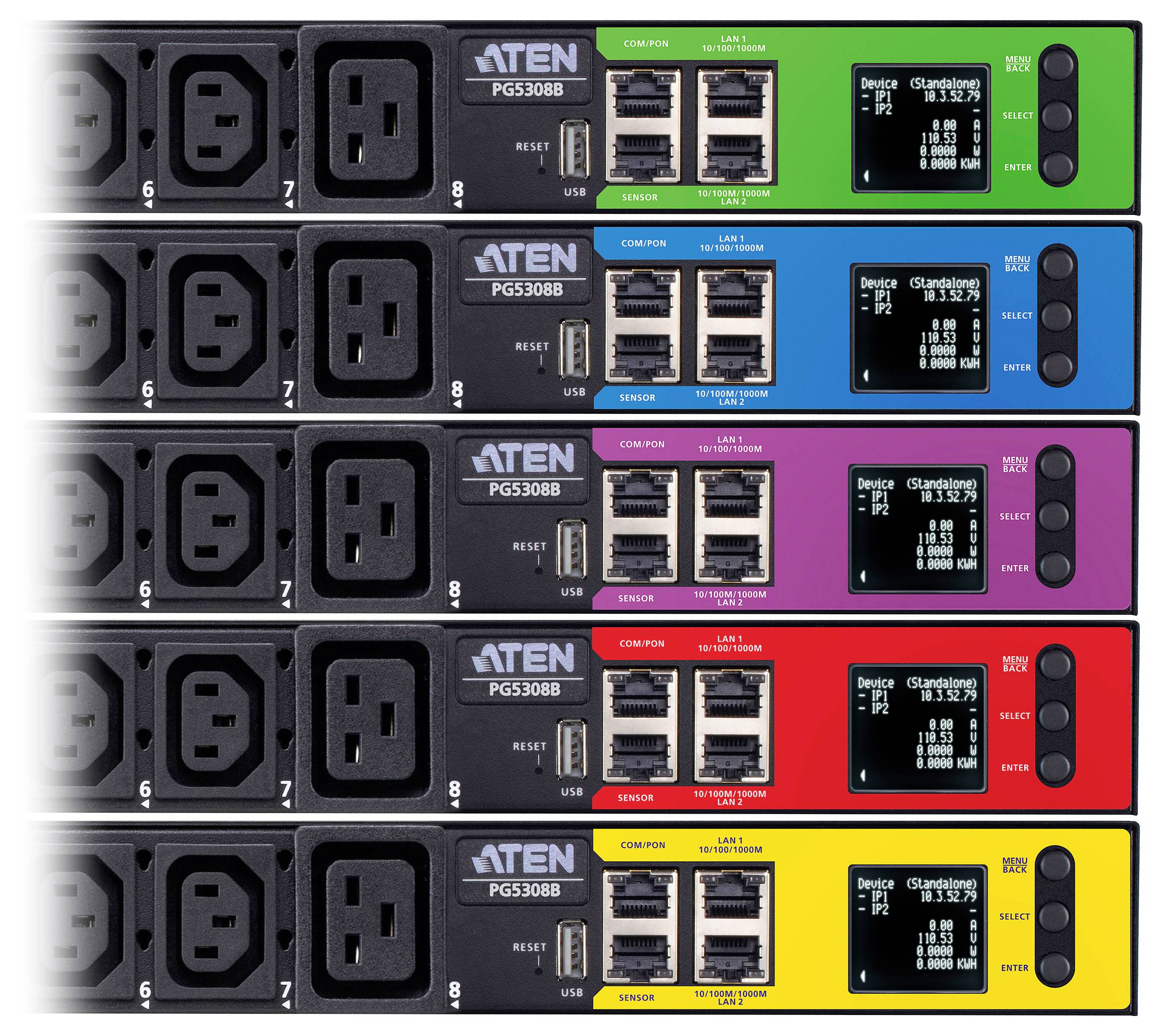 Zes gestapelde stroomverdeeleenheden in verschillende kleuren met stopcontacten en digitale displays, waarop apparaatstatistieken en bedieningspoorten worden weergegeven.