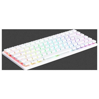 Een witte toetsenbord met RGB-achtergrondverlichting, die een spectrum van kleuren van links naar rechts vertoont.