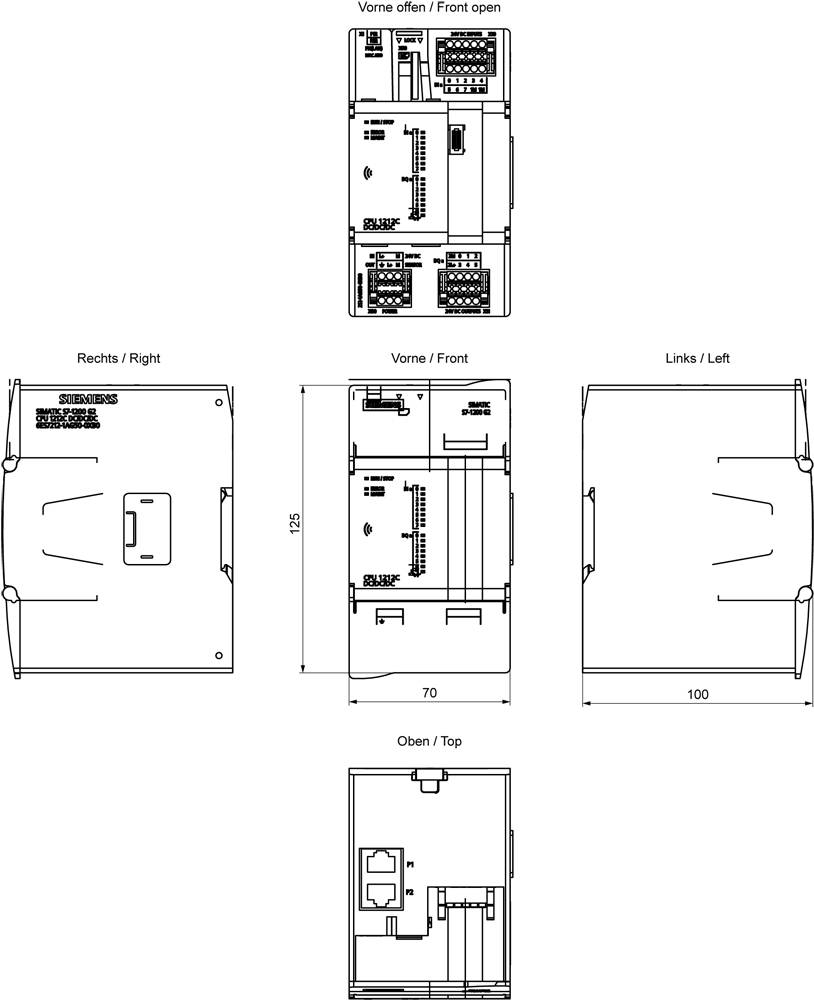 Technische tekening van een modulaire doos vanuit meerdere perspectieven: voorkant, rechterzijkant, linkerzijkant, bovenaanzicht en open voorkant. Afmetingen zijn 125x70x100.