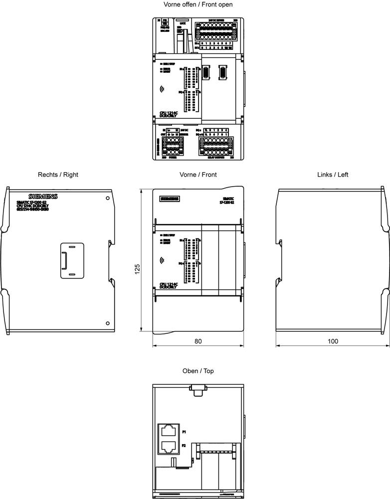 'Technische tekening van een elektrisch paneel met voor-, rechter-, linker- en bovenaanzicht. Aangegeven afmetingen zijn 125 en 100 eenheden.'