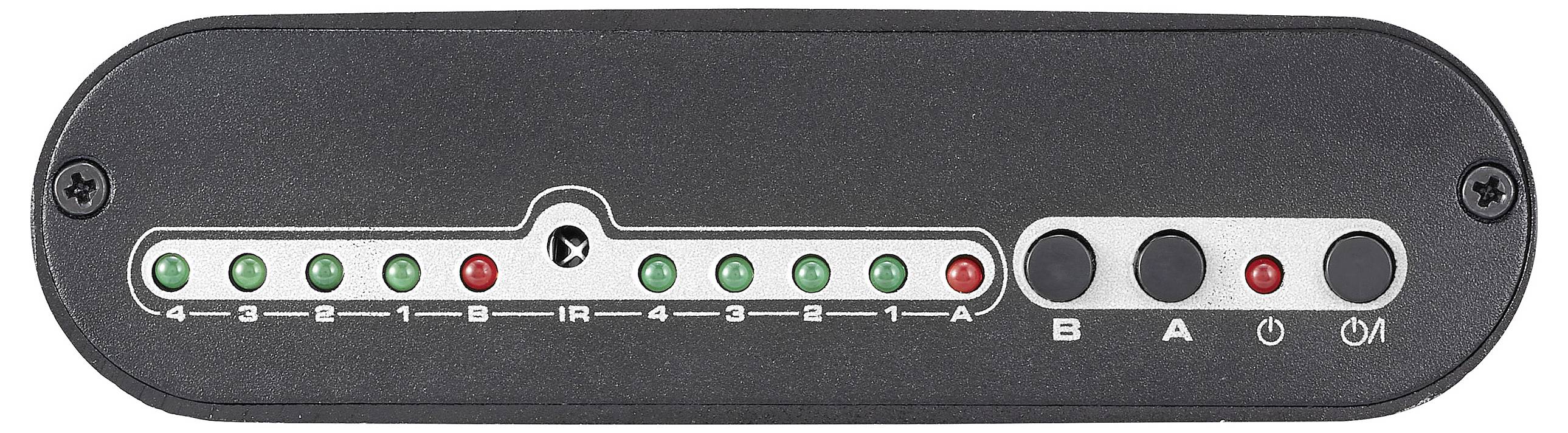 'Infraroodontvangers met 10 groene indicatorlampjes en vier bedieningsknoppen met labels B, A, power en mode.'
