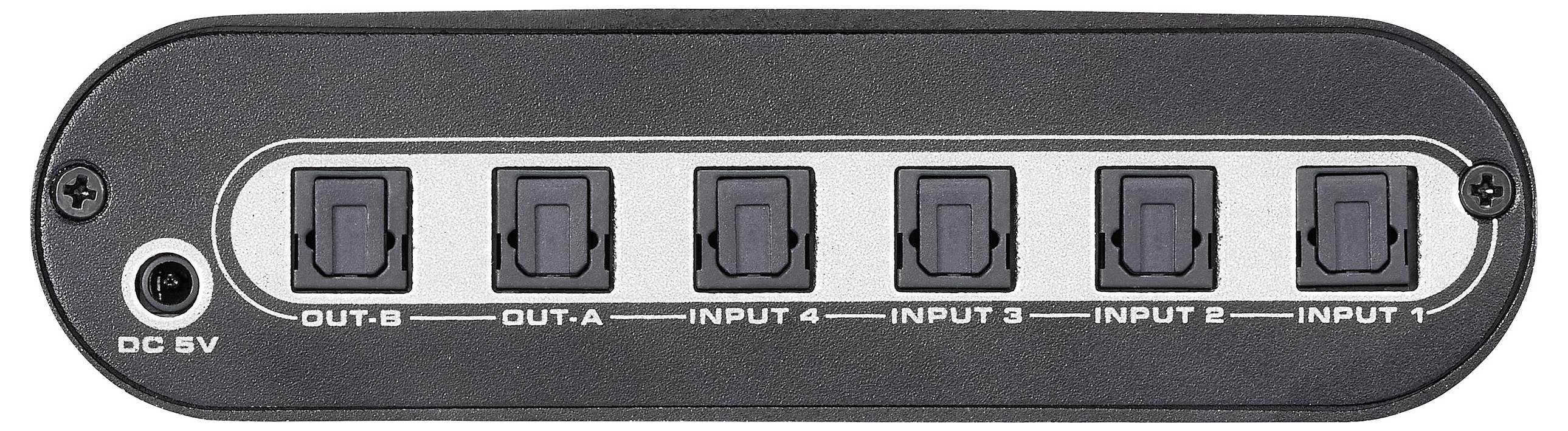 'Achterpaneel van apparaat met zes gelabelde vierkante knoppen: OUT B, OUT A, INPUT 4, INPUT 3, INPUT 2, INPUT 1. Inclusief DC 5V-poort.'