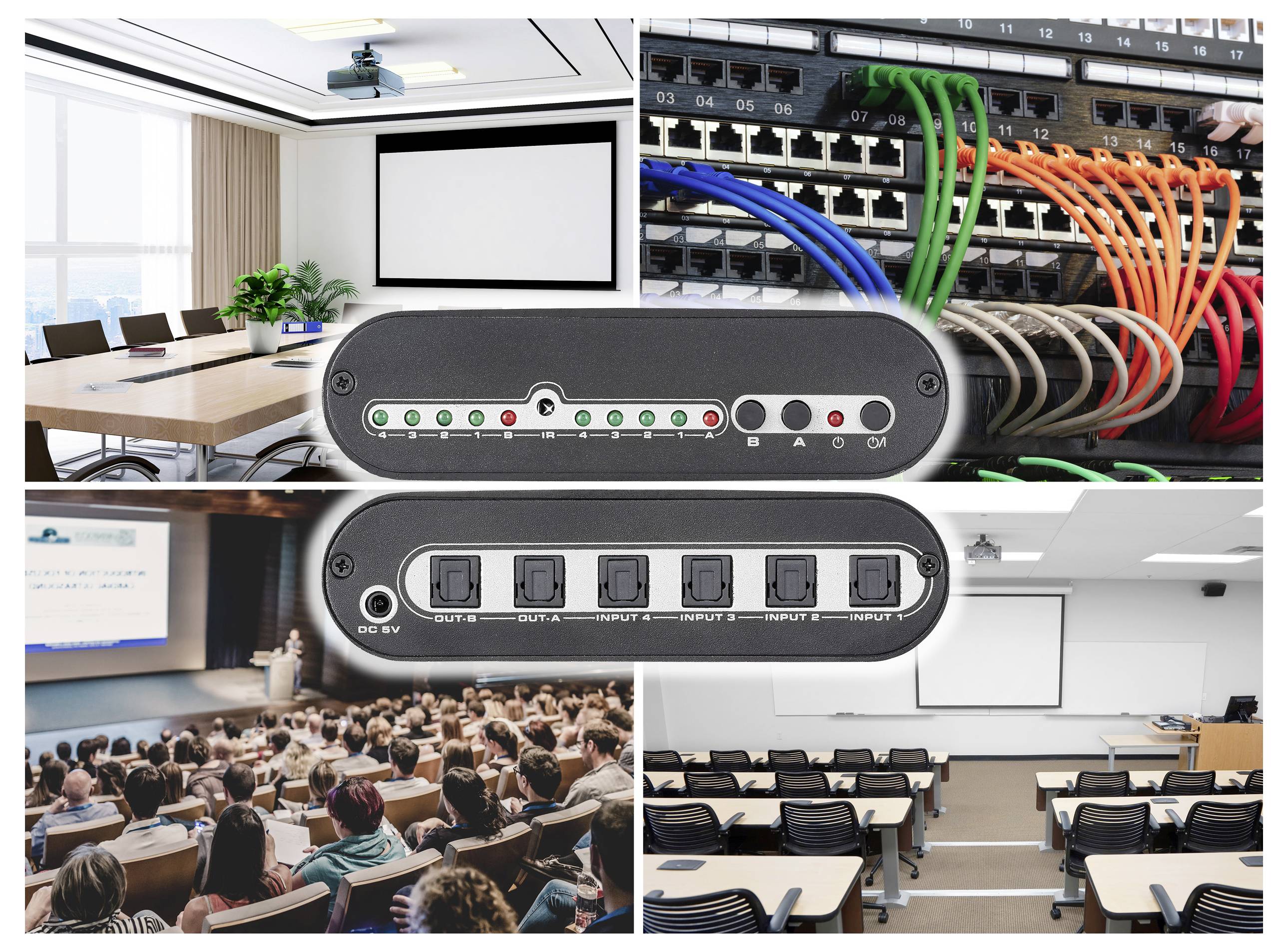 Een collage van een vergaderruimte met projectiescherm, netwerkdraden, een conferentiezaal en een klaslokaal, die connectiviteit en presentatie-instellingen benadrukken.