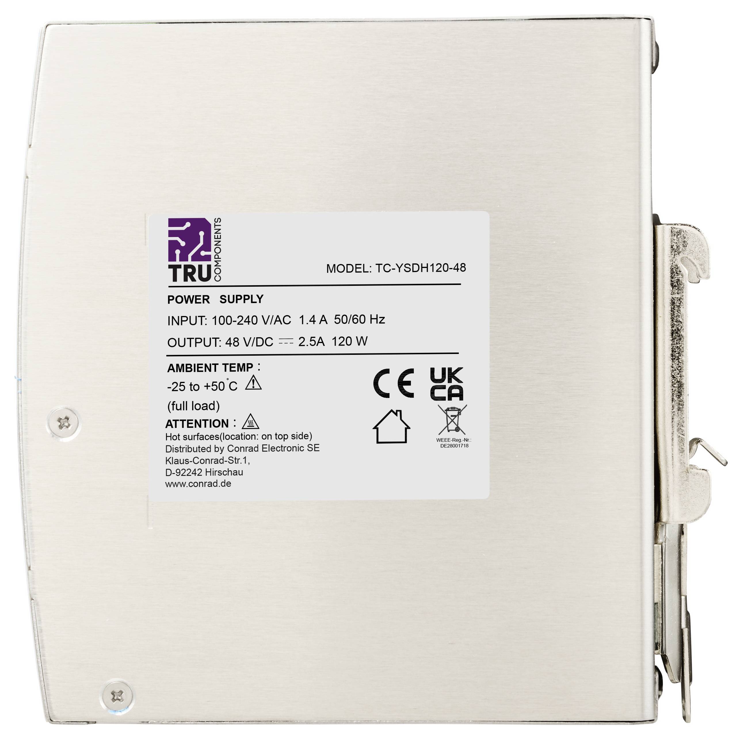 Metalen voeding met etiket met modelaanduiding TC-YSDH120-48, ingang 100-240 VAC en uitgang 48 V DC, 2,5 A, 120 W.