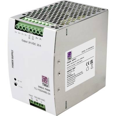 Industriële voeding met etiket 'Output 24 VDC 20 A' met aansluitklemmen en geperforeerde metalen behuizing.