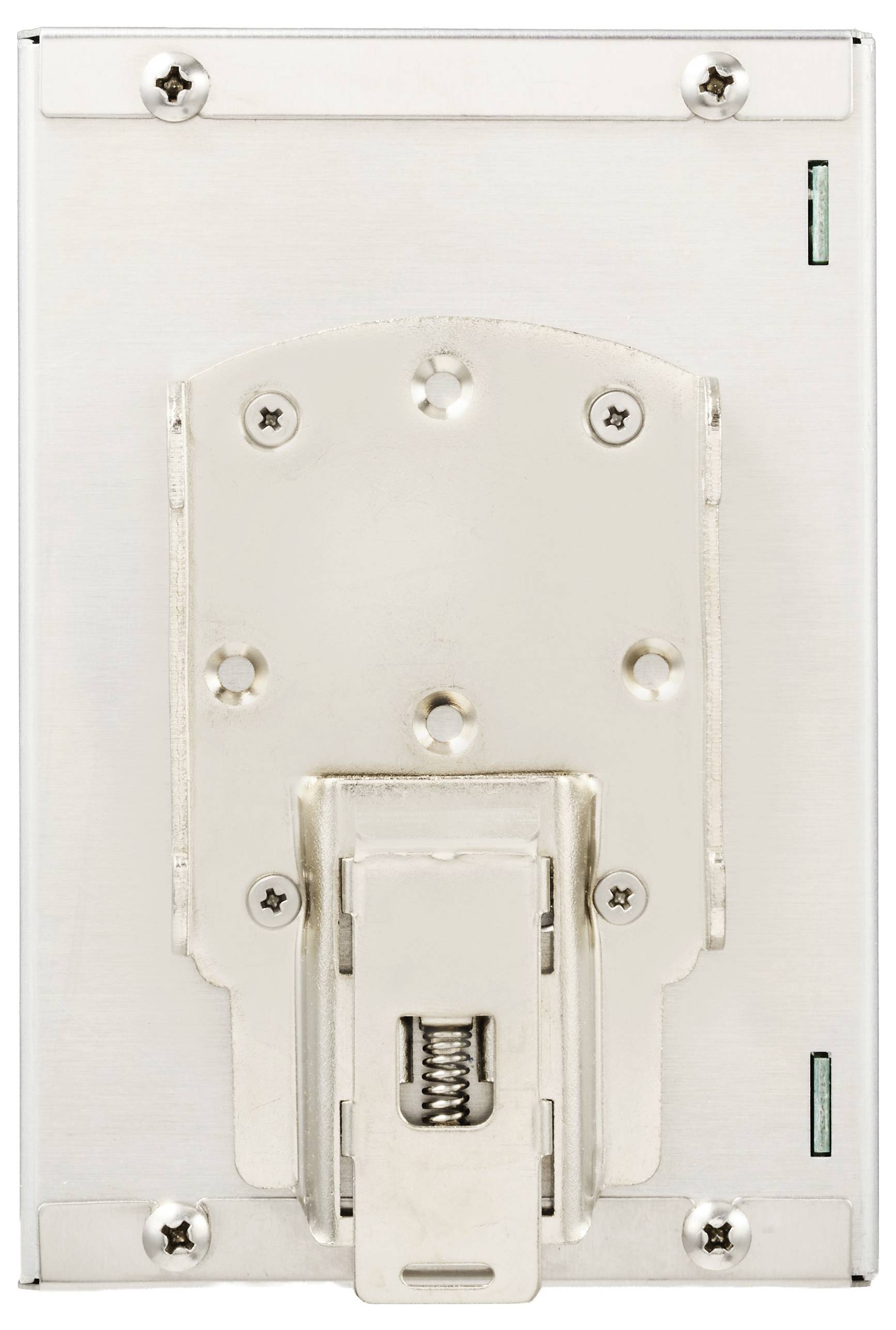 Een metalen wandbevestiging met meerdere schroefgaten en een centraal vergrendelingsmechanisme, ontworpen voor het veilig bevestigen van apparaten op een vlak oppervlak.