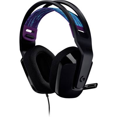 Een zwarte gaming headset met gedempt oordeksel en een verstelbare hoofdband. De hoofdband heeft een heldere, kleurrijke print aan de binnenkant.