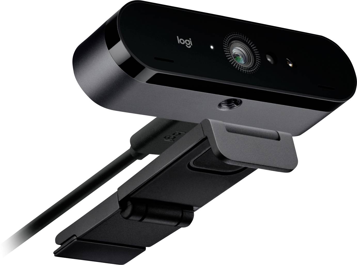 Een strakke, moderne webcam met een klemontwerp, voorzien van een lens, microfoon en LED-indicator. Geschikt voor videoconferenties en streaming.