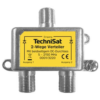 'TechniSat 2-Weg Verdeler': Een metalen tweewegverdeler voor satellietinstallaties, met twee uitgangen en één ingang, gekenmerkt voor frequenties van 5-2150 MHz.