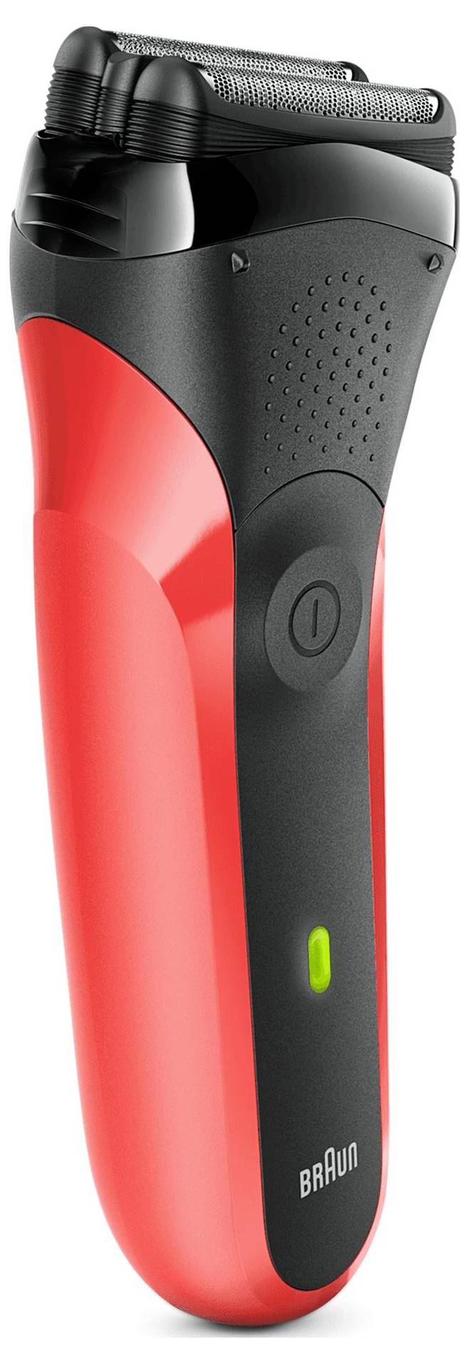 Een rode en zwarte elektrische scheerapparaat met een ergonomische grip, voorzien van een folie scheerunit en een groene energieindicator op de handgreep.