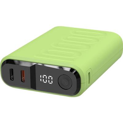 Een groene draagbare powerbank met USB-poorten en een digitaal display waarop '100' staat, wat een volledige lading aangeeft.