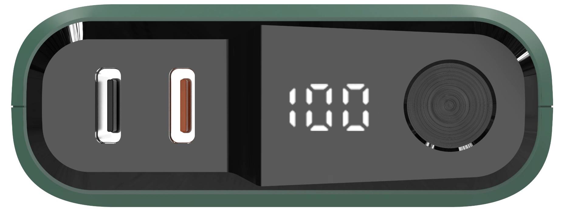 Een groen en zwart digitaal display toont '100'. Het heeft een USB-C-poort, een USB-A-poort en een rond knopje.