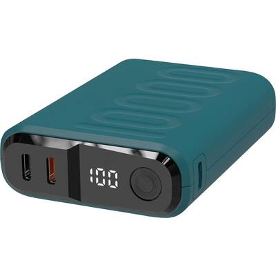 Een teal draagbare powerbank met een digitaal display waarop '100' staat. Hij heeft twee USB-poorten en een gestructureerde oppervlakte.